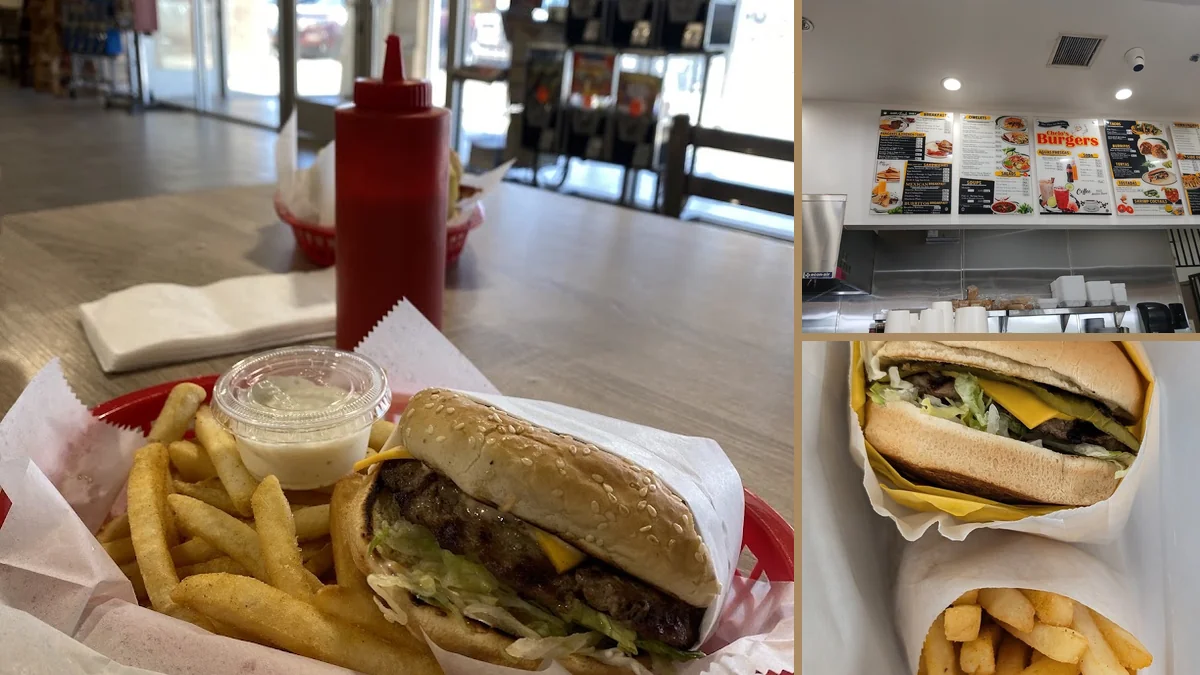 Counter seating inside a hamburger restaurant.